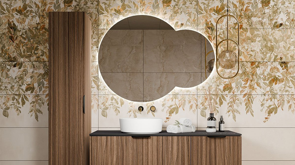 Keramické obklady imitace betonu s přírodním motivem Botany